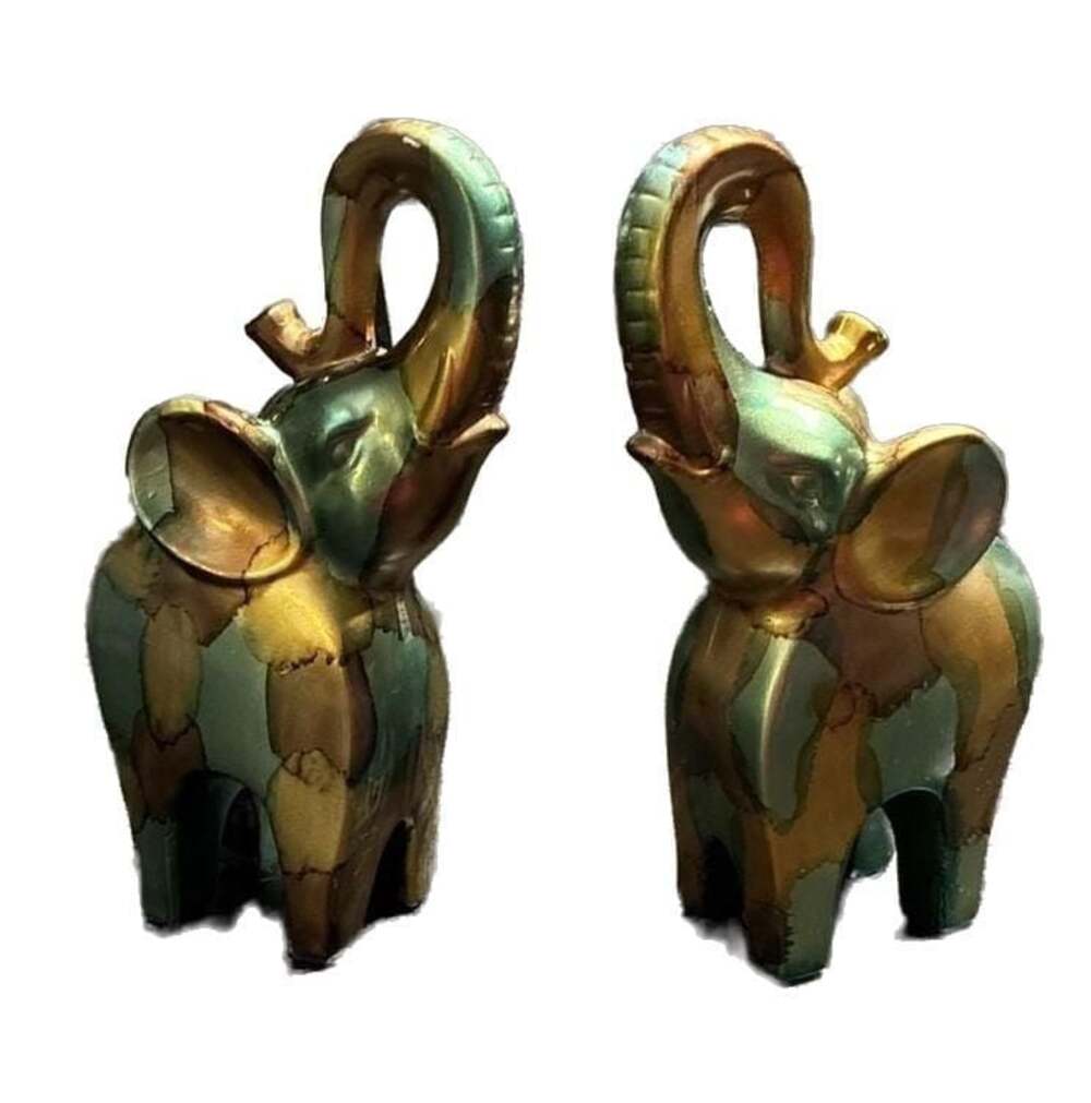 Pair of Decorative Resin Elephant Statues with Multicolor Metallic Drip Glaze Fi